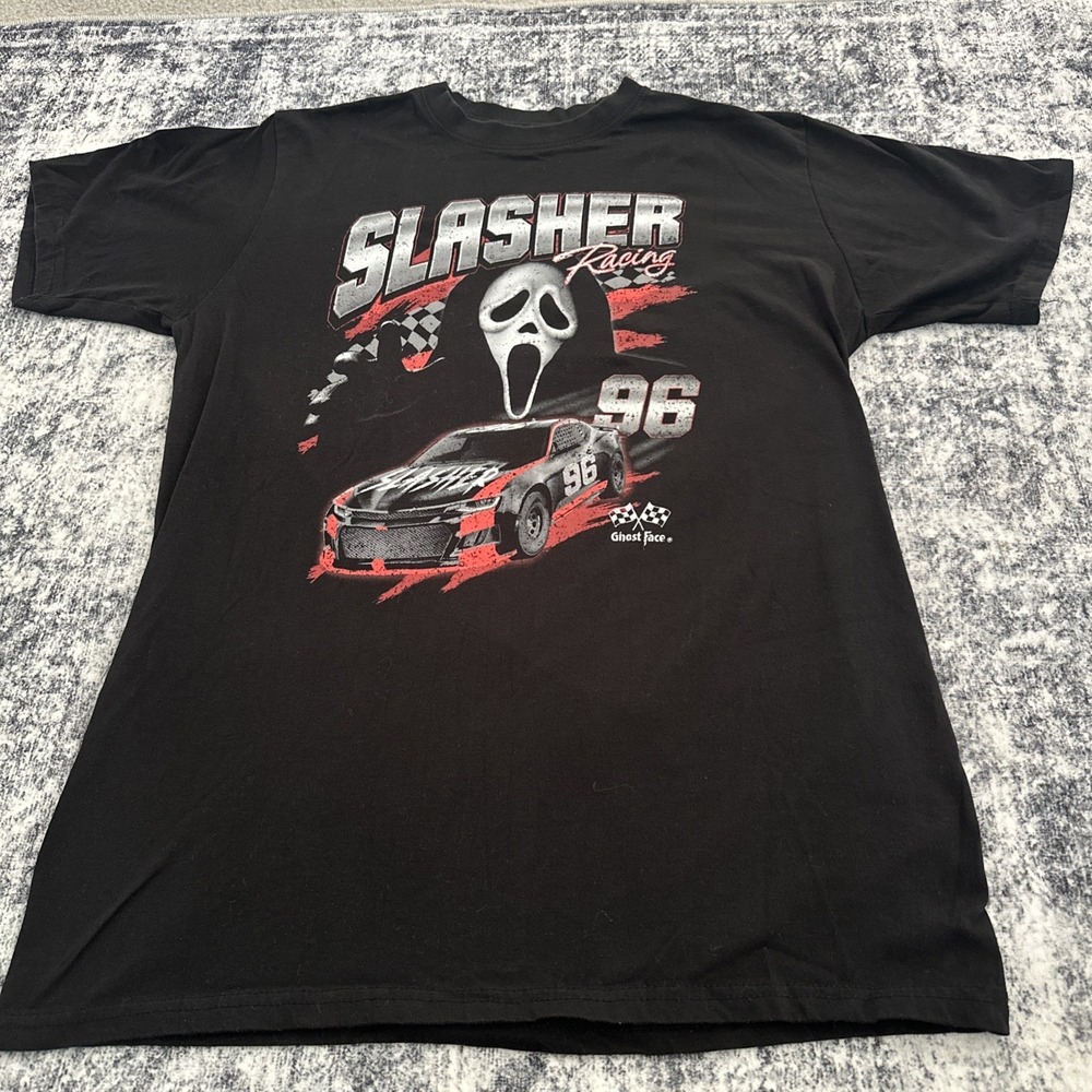 Large Scream Ghostface Slasher Racing Adult Sized Shirt Graphic Tee Top Black